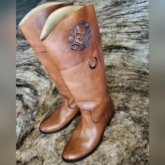 FRYE MELISSA LOGO KNEE HIGH LEATHER BOOTS 9.5B EEUC With BOX! - Picture 2 of 16